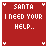 Red square icon with white pixelated text reading "SANTA I NEED YOUR HELP." and small heart corners, transitioning to "THERES THIS GUY.." in later frames.
