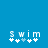 Pixelated white text 'swim' with four plus signs below on solid blue background, two versions differ in plus sign coloration.