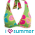 Pixelated bikini top with floral patterns and 'I ❤️ SUMMER' text below, featuring green straps, pink flowers, blue accents, and a white background.