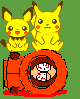 Two yellow Pikachu characters sit atop an orange cylindrical object with a circular opening, against a green background.