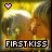 Pixelated image of two figures kissing under a heart symbol with 'FIRST KISS' text at the bottom, showing animation change in letter color.