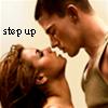 A static image shows two people in close proximity with text reading 'step up' on the left side.