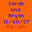Orange background with blue pixelated text reading 'Sarah and Bryan 12/20/07' above five red/orange puzzle-piece icons, two versions differ in puzzle piece arrangement.