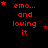 Red pixelated text 'emo... and loving it' on black background with red stars, varying star positions across frames.