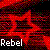 A static pixelated image with a red and black background featuring scattered multicolored pixels, displaying the word "Rebel" in white block letters at the bottom.