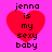 Four identical red heart-shaped icons with black text "jenna is my sexy baby" on a bright pink background, arranged in a