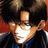 Pixelated anime-style character with dark hair and blue clothing, side profile facing right, against black background with white text.