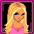 Pixel art contact sheet of a blonde female character in pink outfits with text frames, showing multiple poses and sequential text phrases.