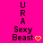 A bright pink background displays vertical text 'URA' above 'Sexy Beast', with yellow heart or arrow symbols changing position across frames.