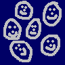 Pixelated smiley faces in four color variations: blue, yellow, green, and gray backgrounds with white or black outlines.