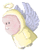 Pixelated angel figure in yellow hooded robe with light blue wings and golden halo, shown from multiple angles on gray background.