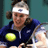 Static 48x48 pixel icon of a tennis player in motion, wearing dark blue athletic gear with yellow accents and a white headband featuring a small purple logo.