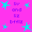 A static image with a bright pink background featuring repeated cyan star shapes and purple text reading "liv and liz bfflz" in a pattern