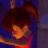 Pixelated figure with dark hair and orange face against blue-purple background, wearing red garment.
