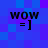 Four identical pixelated text-based icons arranged in a on a blue-purple checkered background, each displaying 'wow = ]' in black font