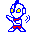 Pixelated character with blue outline, yellow eyes, red bow tie and shorts in multiple poses against gray background.
