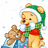 Pixelated cartoon character in green outfit with red bow, holding brown teddy bear, wearing white hat with green trim and orange pom-pom, against white background with light blue squares.