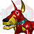 Pixelated red and yellow creature with large ears, open mouth showing teeth, and blue collar against light background.