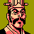 Pixel art portrait of a character with pinkish skin, black hair, and glasses against an olive green background.