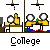 Animated sequence of yellow cartoon figures at desks with white circular heads, showing varied poses and interactions with green objects on desks against white and dark backgrounds.
