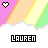 Pixel art icon with pink, orange, yellow, and green diagonal stripes; heart symbol above text "LAUREN" in black outline.