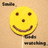 A pixelated yellow smiley face icon with brown eyes and mouth on a light beige background, mounted on a white stick.