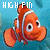 Animated orange clownfish with white stripes and black eyes, smiling against a blue background with 'HIGH FIN' text above.