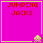 Four identical pink square with yellow borders display red pixelated text "JUMPING JACKS" and a small green alien icon in the bottom-right corner of each
