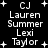 Black background with white pixelated text and plus signs arranged in two vertical , displaying names like CJ Lauren Summer Lexi Taylor