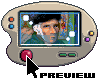 Pixel art of a handheld gaming device with a screen showing a character, red button pressed by cursor, and 'PREVIEW' text below.