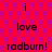 Red background with blue circular patterns and repeated black text reading 'i love radburn!' in a