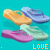 four and four shows repeated pairs of colorful flip-flops on a teal background with the word 'LOVE' in yellow text below each pair
