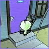 Animated sequence of a green-skinned cartoon character with large eyes and purple clothing, moving through an indoor setting while holding objects.