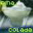 Animated contact sheet showing 11 frames of a buddy icon with a white cloud-like shape and changing text labels 'Pina' and 'Colada' in green/orange pixelated font over a dark background.