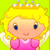 Pixelated cartoon icon of a blonde girl with blue eyes, pink dress, white wings, and golden crown against bright green background.