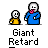 A 4x4 contact sheet of a pixel art animation featuring two cartoon characters: a small yellow figure and a large blue figure, with text bubbles changing across frames.