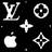 Six distinct white pixelated icons on a black background, including interlocking letters, a circle with a cross, a plus sign, an apple, and a diamond shape.