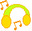 Pixelated green headphones with yellow ear cups and orange musical notes on gray background.
