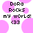 Pixelated text reads "Dora Rocks my world! (33)" over pink circular shapes on white background.