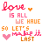 repeated text and symbols in pink, orange, and white with animated heart pulses