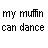 Animated contact sheet showing 11 frames of a pixelated muffin character with blue body and brown top dancing across multiple poses on white background.