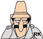 Animated cartoon character with tan fedora, black mustache, and light gray jacket on solid gray background.