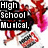 Animated icon with red and pink figures dancing, text fragments about high school musicals, and a white background.