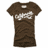 Brown t-shirt with white script text, teal flip-flops, and a brown tote bag with light straps and matching script text.