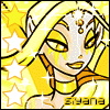 Animated cartoon character with yellow hair and orange neckpiece against yellow star background, text 'siyana' at bottom