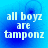 Blue background with white pixelated text reading 'all boyz are tamponz' in four identical quadrants.