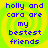 Pixelated blue text on a yellow-green spiral background reads "holly and cara are my bestest friends" in four identical