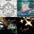 Four pixelated quadrants display abstract shapes: top-left gray swirl, top-right blue-green gradient with pink, bottom-left dark brown and teal, bottom-right golden-brown star-like form.