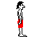 Pixelated cartoon character in red shorts stands on a watermelon slice, bending forward and spraying yellow liquid from a hose-like object.
