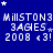 Blue background with white pixelated text repeating 'MILLSTON3 3AGES 2008 <3!' and small white stars scattered across the image.